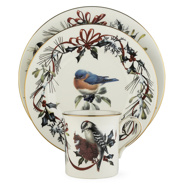 Winter Greetings Ivory Porcelain 12-Piece Dinnerware Set with Gold Trim