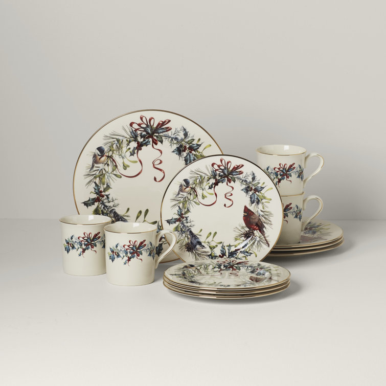Winter Greetings Ivory Porcelain 12-Piece Dinnerware Set with Gold Trim