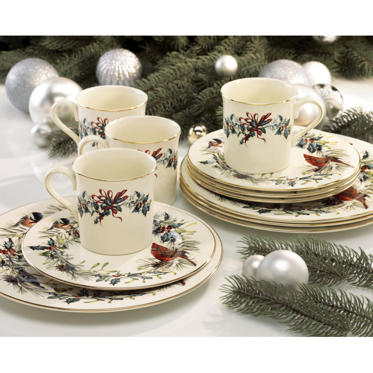 Winter Greetings Ivory Porcelain 12-Piece Dinnerware Set with Gold Trim