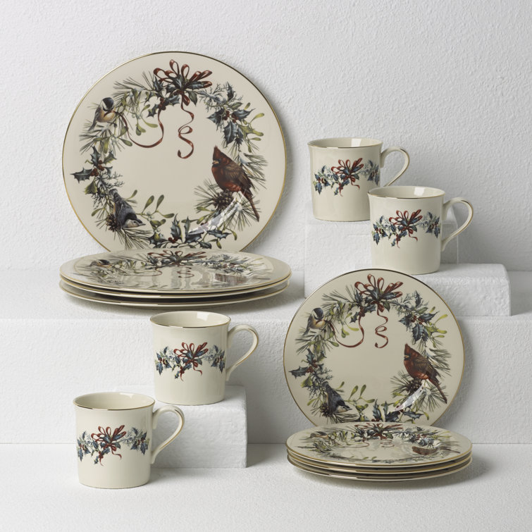 Winter Greetings Ivory Porcelain 12-Piece Dinnerware Set with Gold Trim