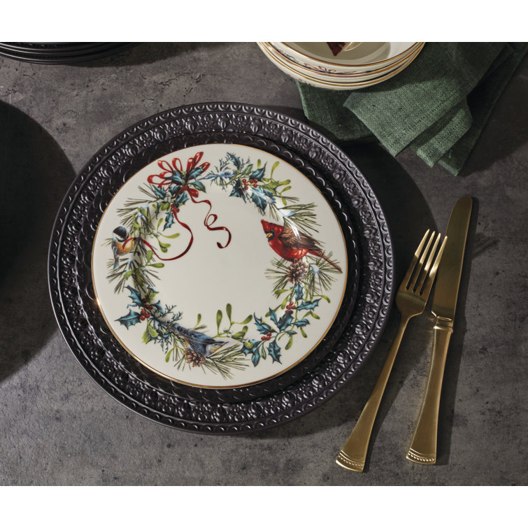 Winter Greetings Ivory Porcelain 12-Piece Dinnerware Set with Gold Trim