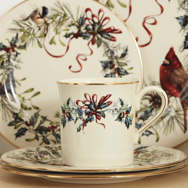 Winter Greetings Ivory Porcelain 12-Piece Dinnerware Set with Gold Trim