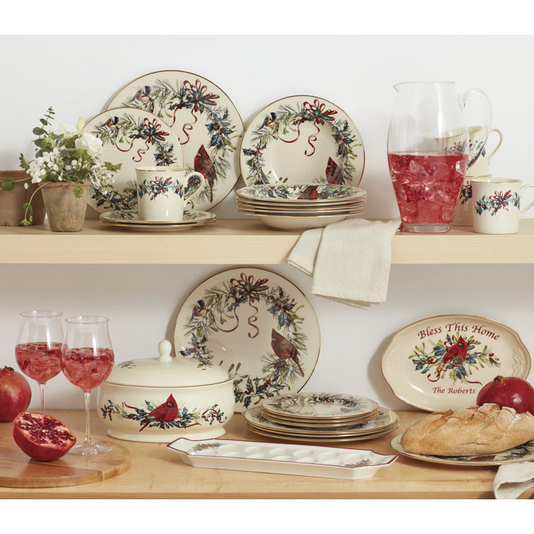 Winter Greetings Ivory Porcelain 12-Piece Dinnerware Set with Gold Trim