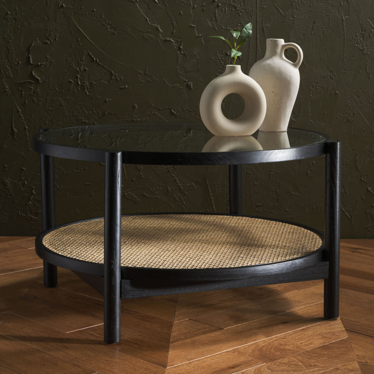 Karyna Black and Natural Elm Wood Rattan Glass Coffee Table with Storage