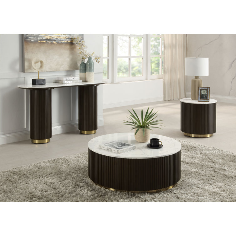 20" White Marble and Espresso Wood Round End Table