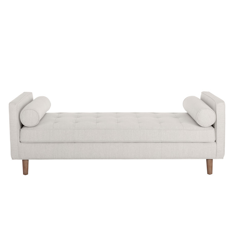 Cream Upholstered Mid-Century Modern Bench with Birch Wood Base