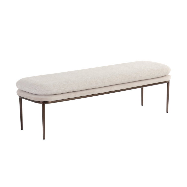 Cream and Taupe Upholstered Bench with Bronze Base