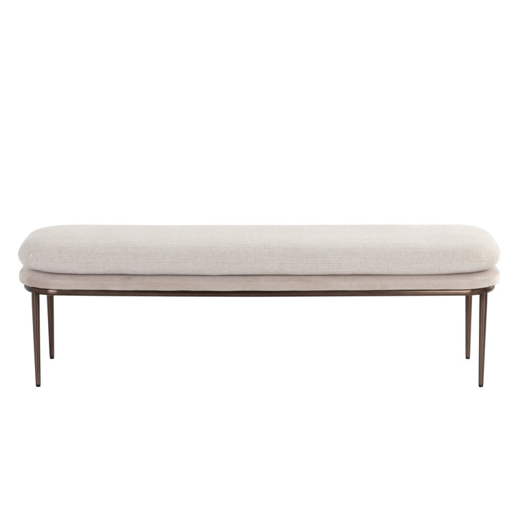 Cream and Taupe Upholstered Bench with Bronze Base