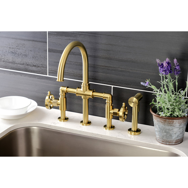 Brushed Brass Industrial Bridge Kitchen Faucet with Side Sprayer