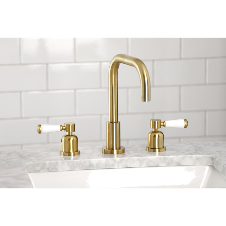 Brushed Brass Widespread Bathroom Faucet with Porcelain Handles