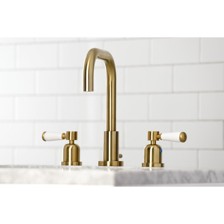 Brushed Brass Widespread Bathroom Faucet with Porcelain Handles