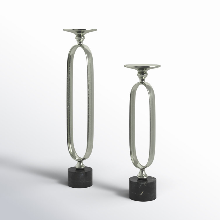Silver and Black Aluminum Marble Tabletop Candlestick Set