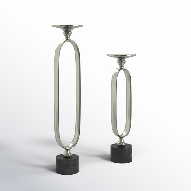 Silver and Black Aluminum Marble Tabletop Candlestick Set