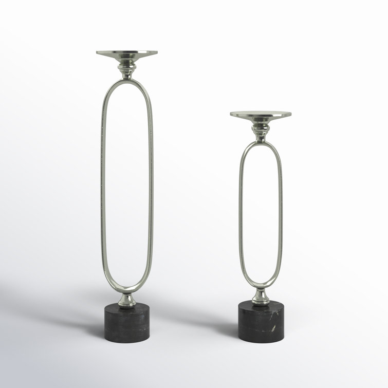 Silver and Black Aluminum Marble Tabletop Candlestick Set