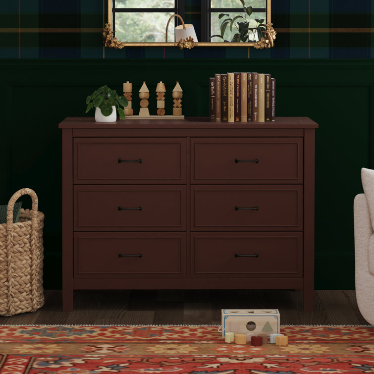 Crimson Red Wooden Double Dresser with Six Drawers