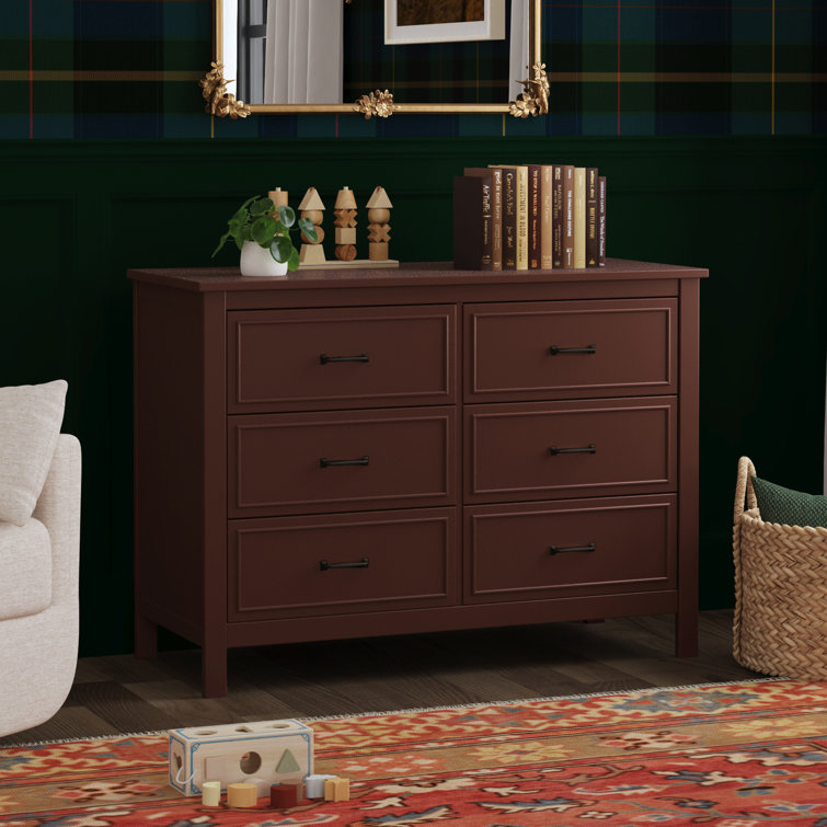 Crimson Red Wooden Double Dresser with Six Drawers