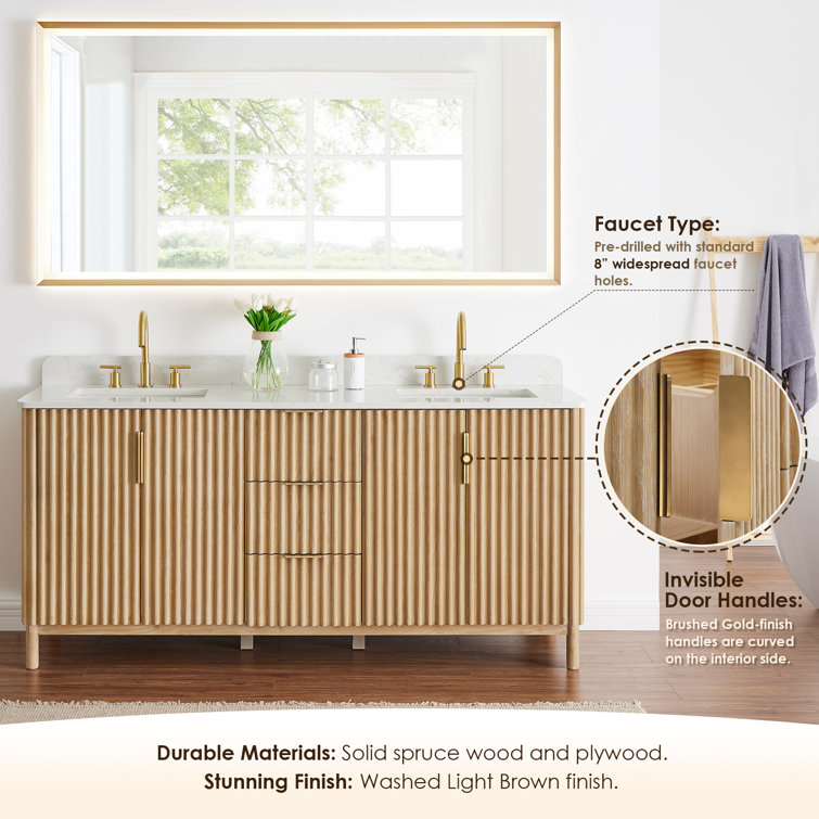 Wernher 72" Natural Wood Double Bathroom Vanity with White Stone Countertop