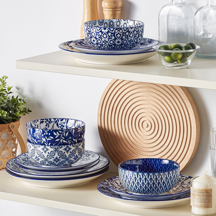 Selene Blue and White Floral Ceramic Dinnerware Set, Service for 4