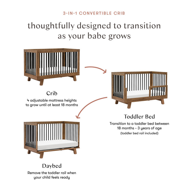 Hudson Natural Walnut and Black Pine Wood Convertible Crib