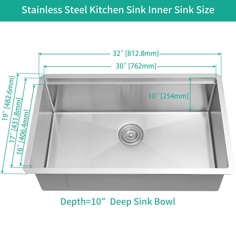 32'' Stainless Steel Undermount Single Bowl Kitchen Sink with Accessories