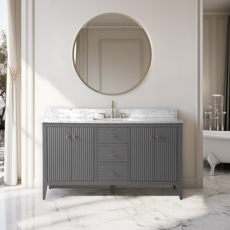 60" Linear Gray Freestanding Bathroom Vanity with Gold Hardware and Marble Top