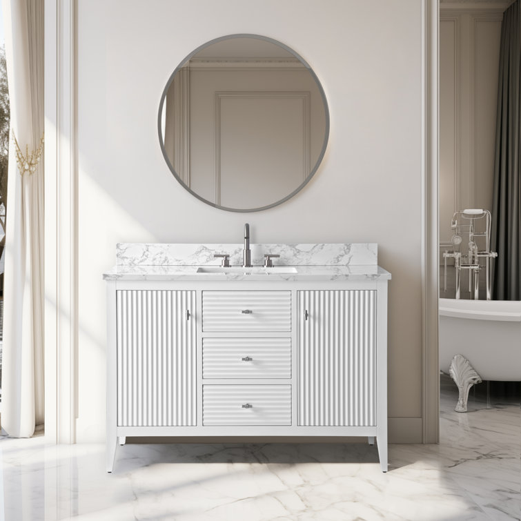 48'' White Solid Wood Freestanding Bathroom Vanity with Marble Top