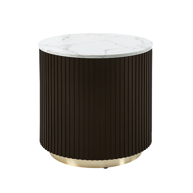 20" White Marble and Espresso Wood Round End Table