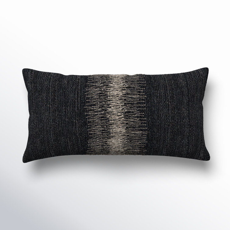 Black and Gray Embroidered Wool Lumbar Pillow 12"