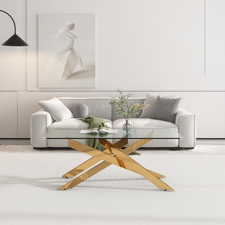 Modern Rectangular Glass Coffee Table with Gold Metal Base