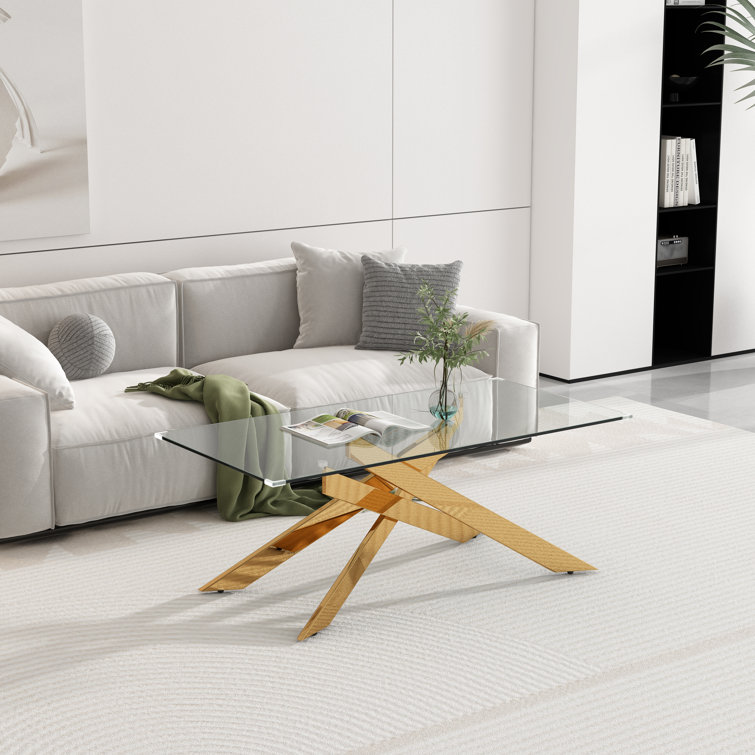 Modern Rectangular Glass Coffee Table with Gold Metal Base