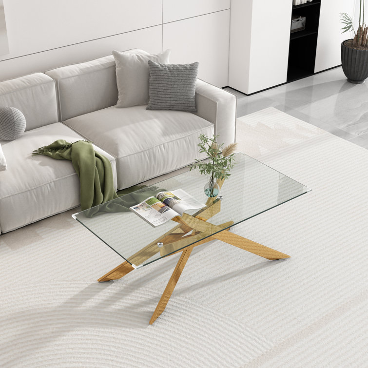 Modern Rectangular Glass Coffee Table with Gold Metal Base