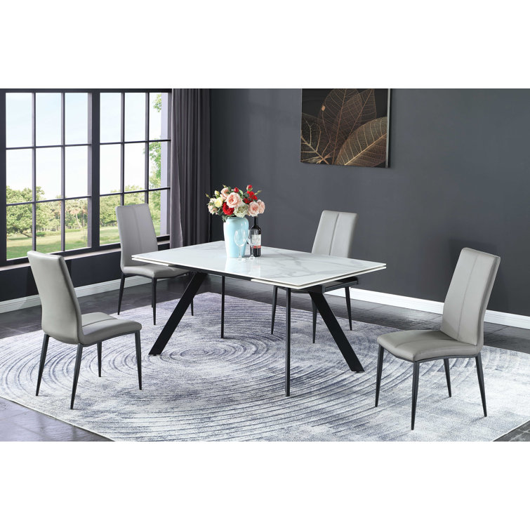 Gloss White Faux Marble Extendable Dining Set with Gray Chairs