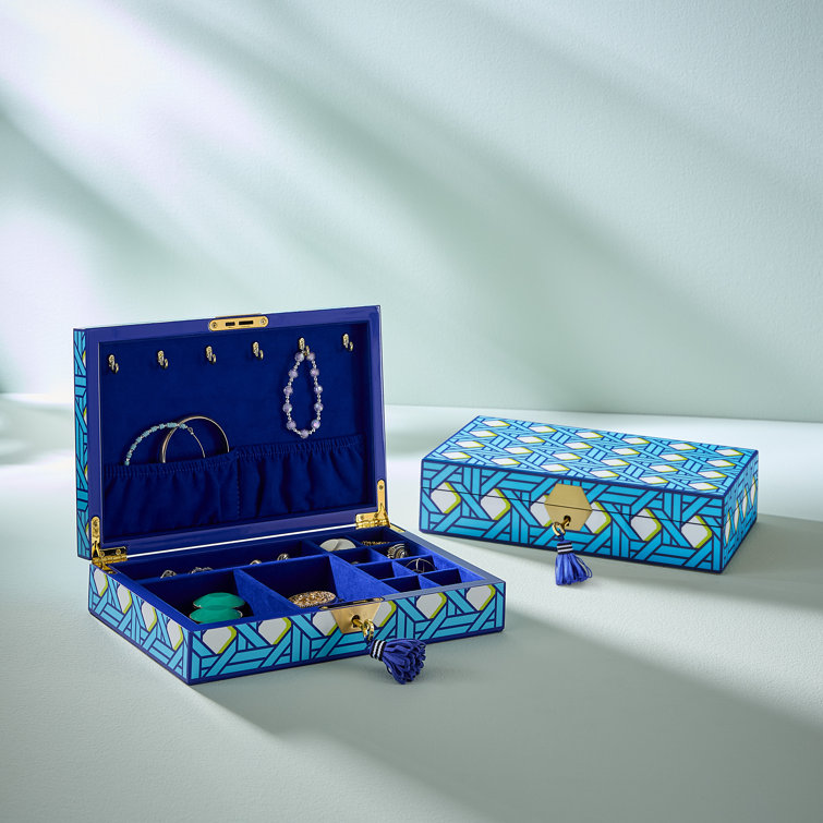 Blue Lacquer Basketweave Jewelry Box with Velvet Lining