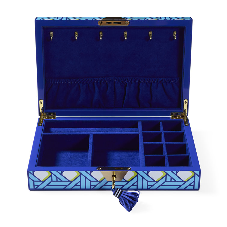 Blue Lacquer Basketweave Jewelry Box with Velvet Lining