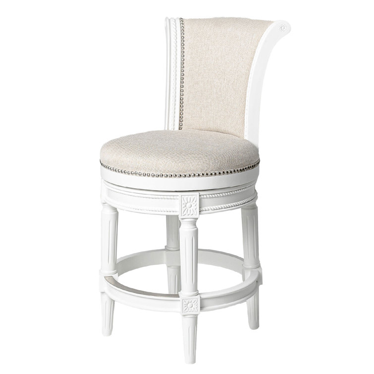 Alabaster White Leather-Wood Swivel Counter Stool with Nailhead Trim