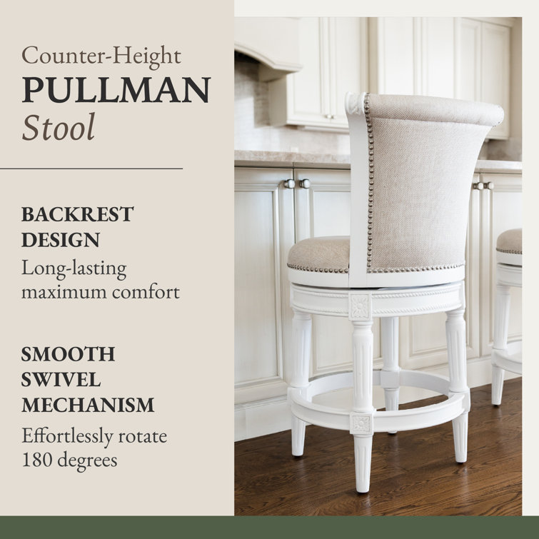 Alabaster White Leather-Wood Swivel Counter Stool with Nailhead Trim