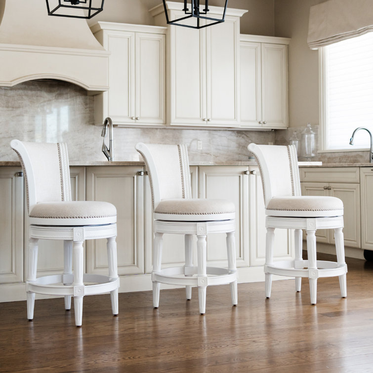 Alabaster White Leather-Wood Swivel Counter Stool with Nailhead Trim