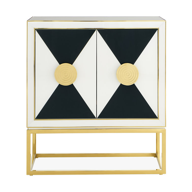 Black and White Glass Rectangle Accent Cabinet with Brass Hardware