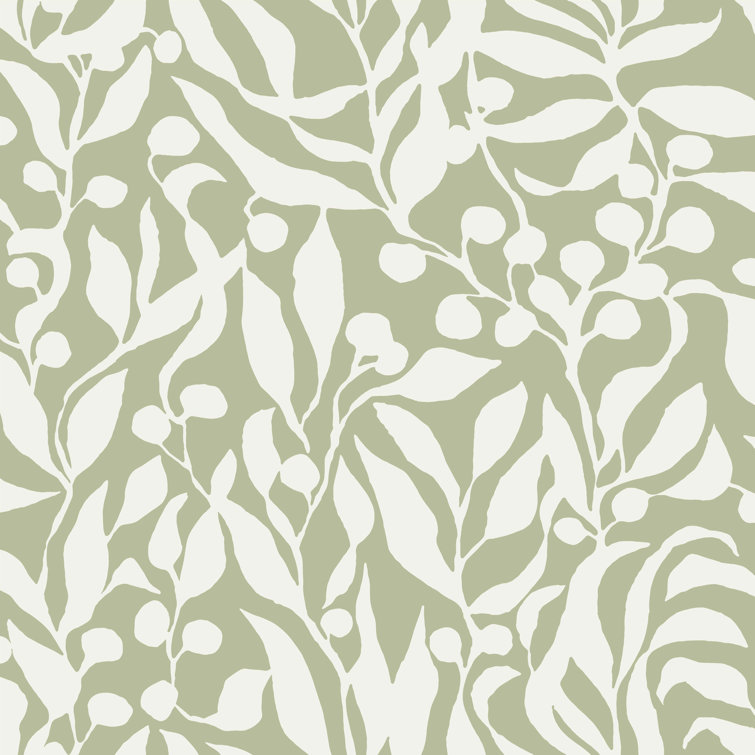 Sage Green and White Palm Leaf Non-pasted Wallpaper Roll