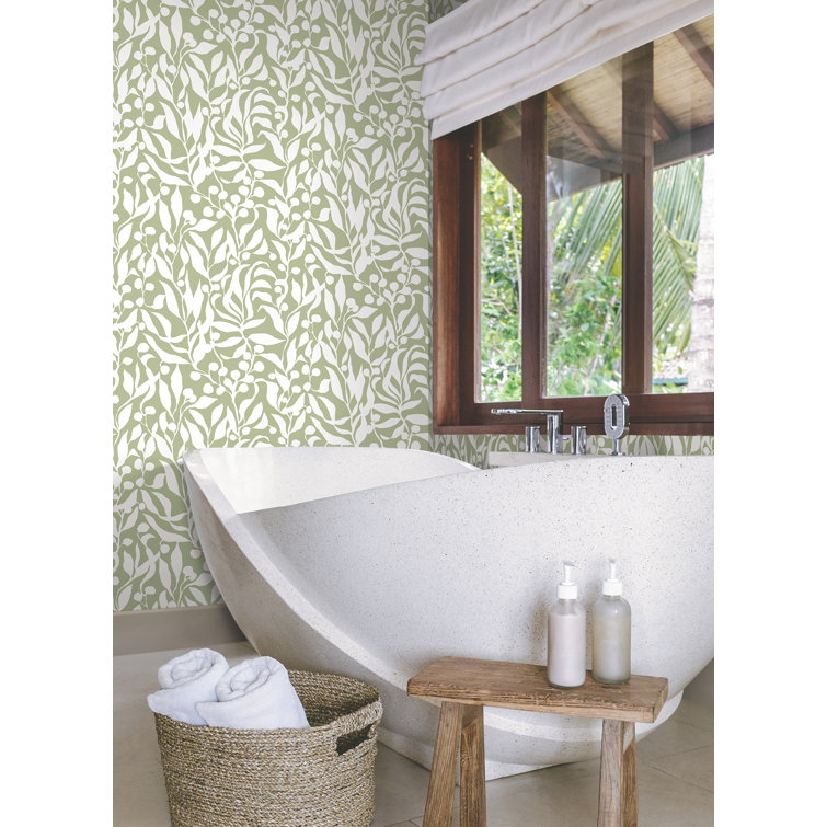 Sage Green and White Palm Leaf Non-pasted Wallpaper Roll
