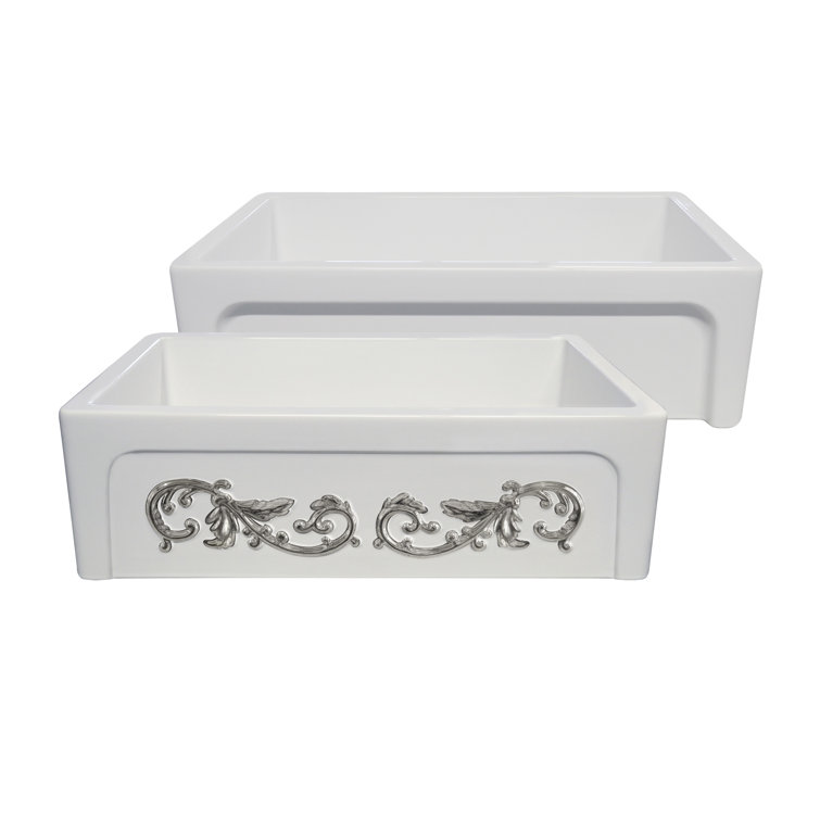 White and Platinum Ornamental Fireclay Farmhouse Kitchen Sink