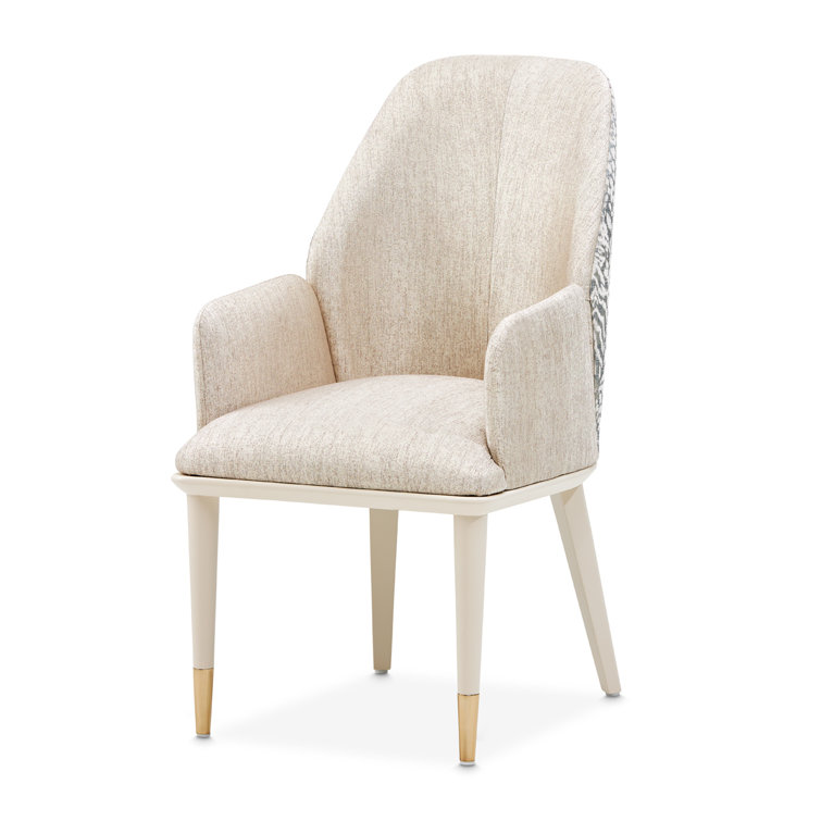 Opal Beige Chenille Jacquard Upholstered Arm Chair with Brass Tips