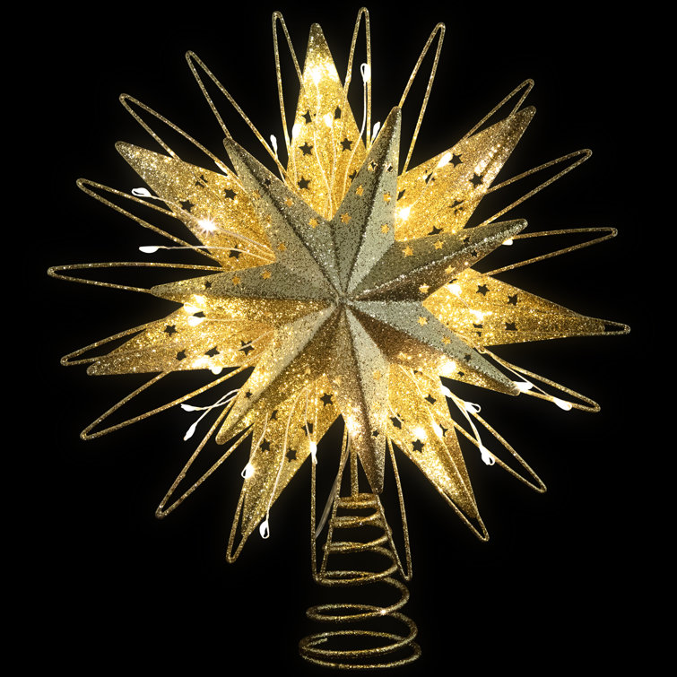 Gold Glittered Metal Starburst Christmas Tree Topper with LED Lights
