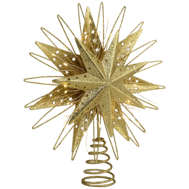 Gold Glittered Metal Starburst Christmas Tree Topper with LED Lights