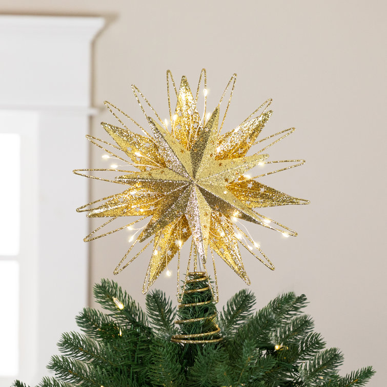 Gold Glittered Metal Starburst Christmas Tree Topper with LED Lights