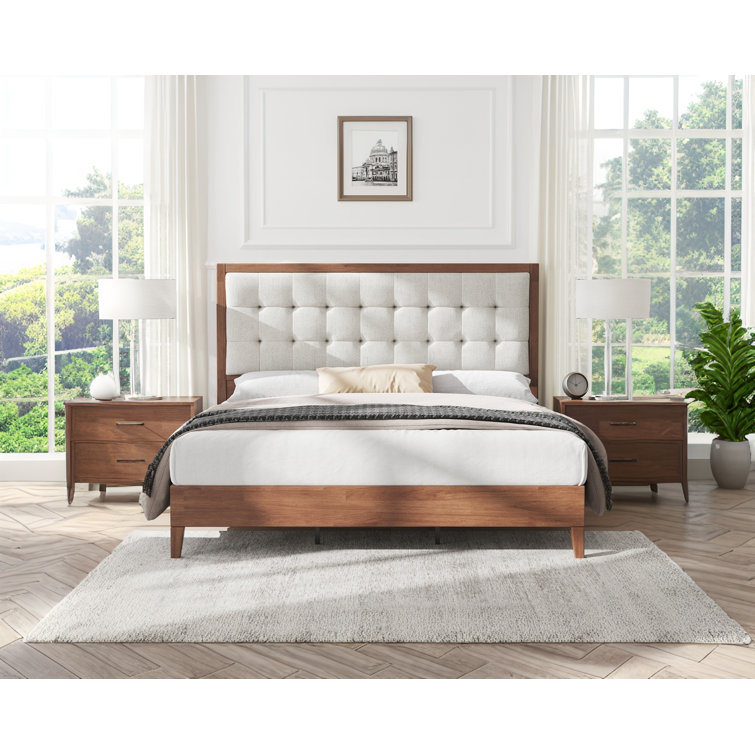 Walnut Full Size Wood Platform Bed with Tufted Linen Headboard