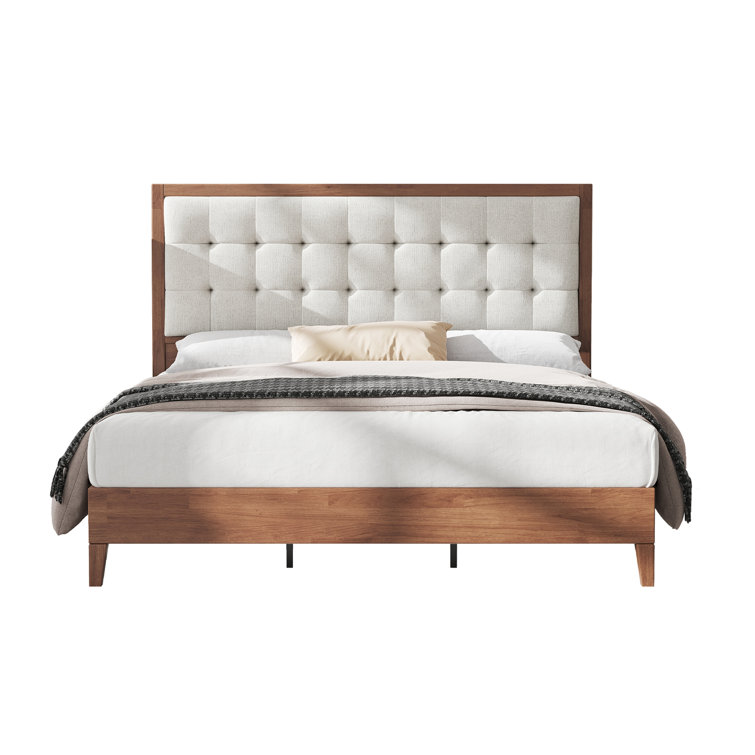 Walnut Full Size Wood Platform Bed with Tufted Linen Headboard