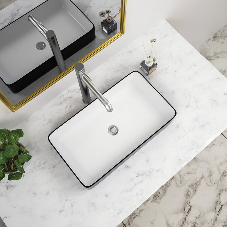 24" White Ceramic Rectangular Vessel Sink with Black Rim