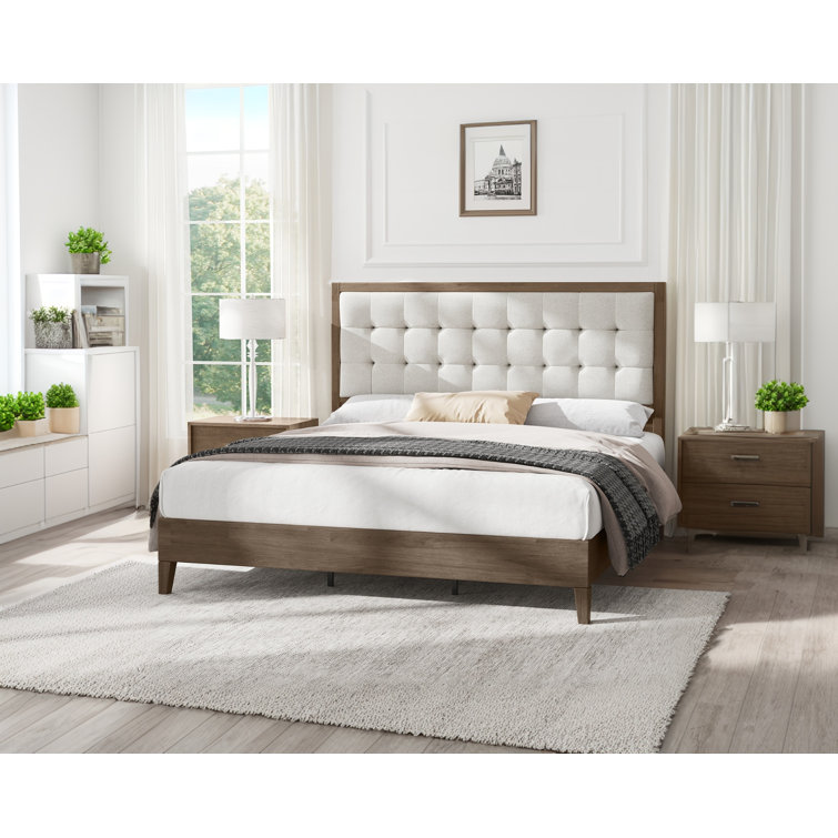 Ash Gray Queen Wood Platform Bed with Tufted Linen Headboard
