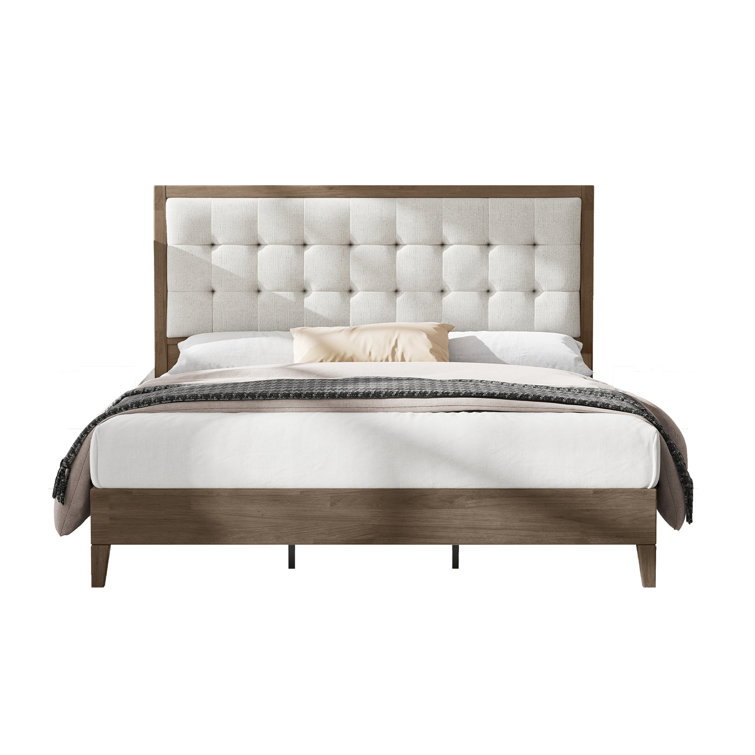 Ash Gray Queen Wood Platform Bed with Tufted Linen Headboard